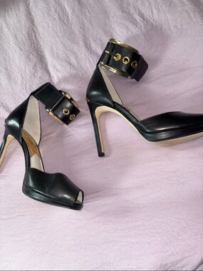 Michael Kors Black Leather Ankle-Cuff Stiletto Heels with Gold Hardware